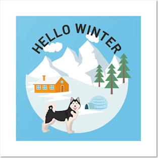 Alaskan Malamute with Hello Winter Sign Posters and Art